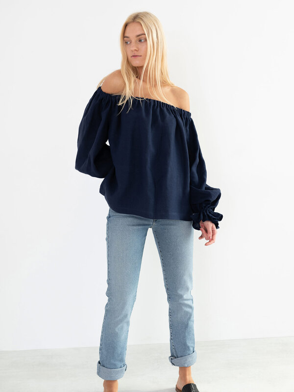 Image 1 of ALICE Off Shoulder Linen Top in Navy Blue from Love and Confuse