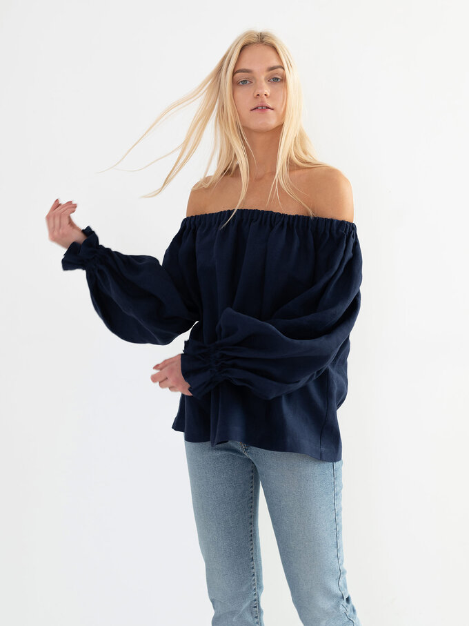 Image 2 of ALICE Off Shoulder Linen Top in Navy Blue from Love and Confuse