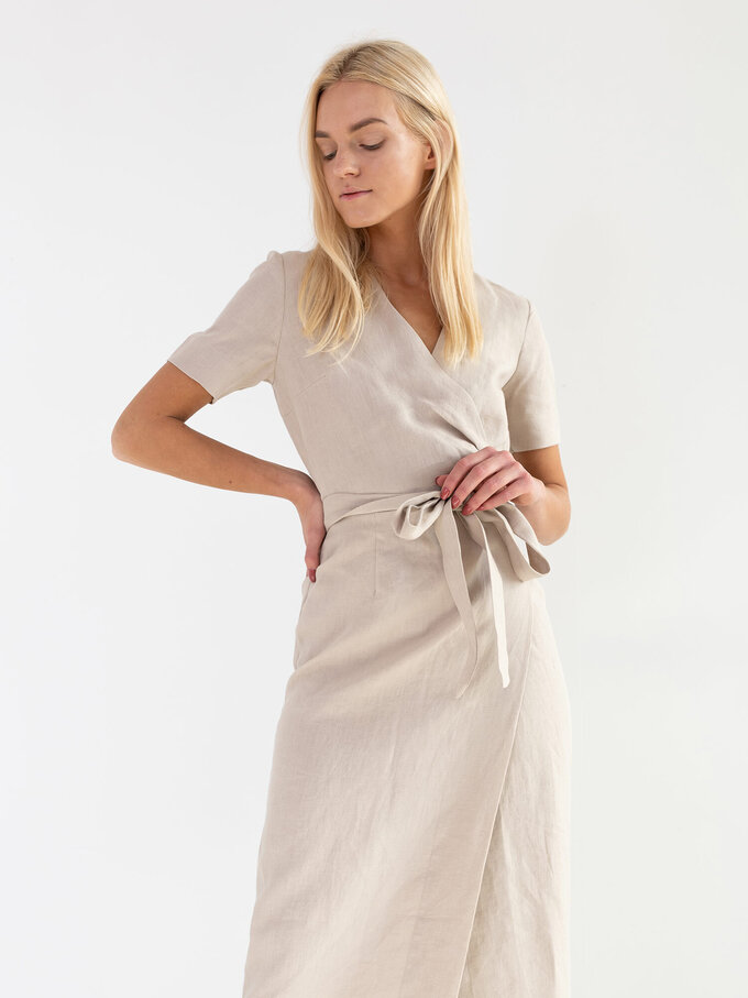 Image 2 of BELLA Linen Midi Wrap Dress in Beige from Love and Confuse