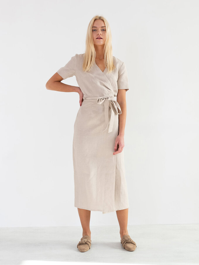 Image 3 of BELLA Linen Midi Wrap Dress in Beige from Love and Confuse