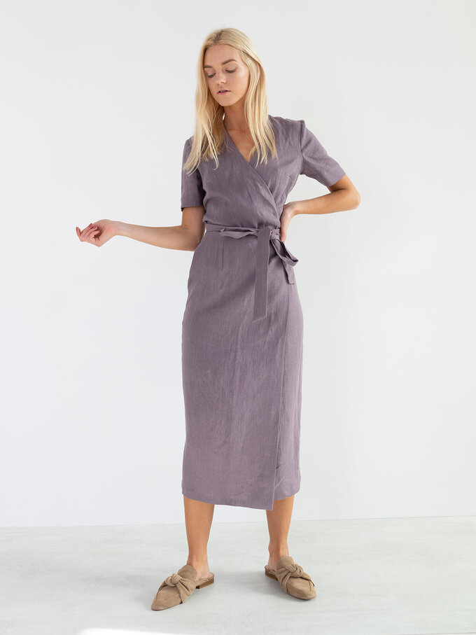 Image 1 of BELLA Linen Midi Wrap Dress in Lavender Violet from ALBERALKIRK