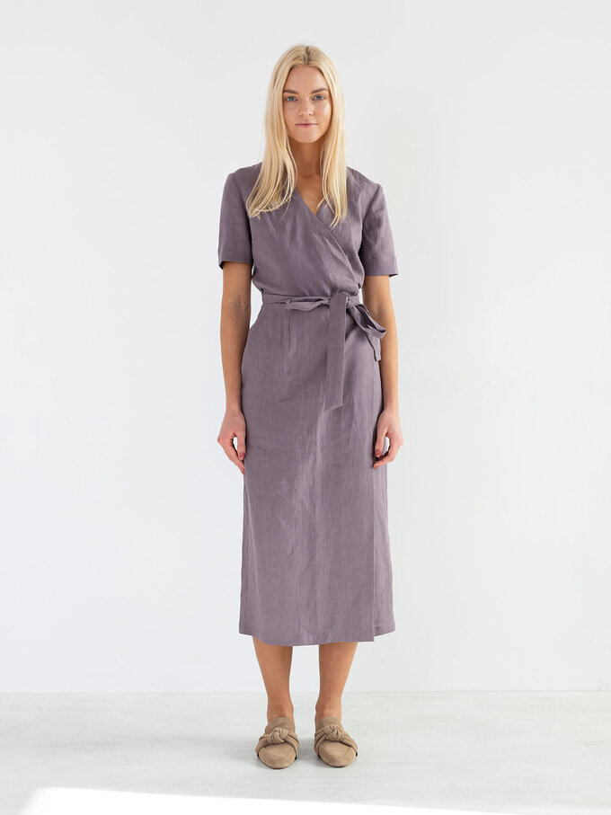 Image 2 of BELLA Linen Midi Wrap Dress in Lavender Violet from ALBERALKIRK