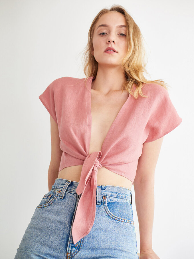 Image 3 of CAMILA Tie Front Linen Top in Salmon Pink from ALBERALKIRK