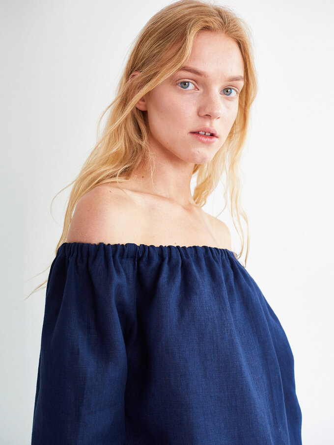 Image 2 of CELINE Off Shoulder Linen Top in Navy Blue from ALBERALKIRK