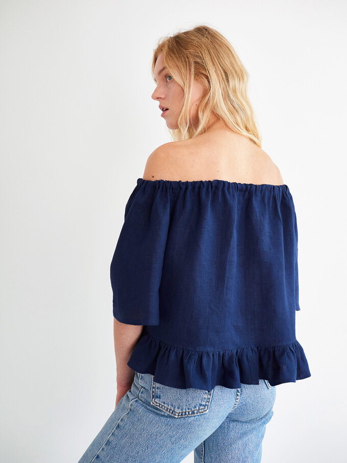 Image 3 of CELINE Off Shoulder Linen Top in Navy Blue from ALBERALKIRK