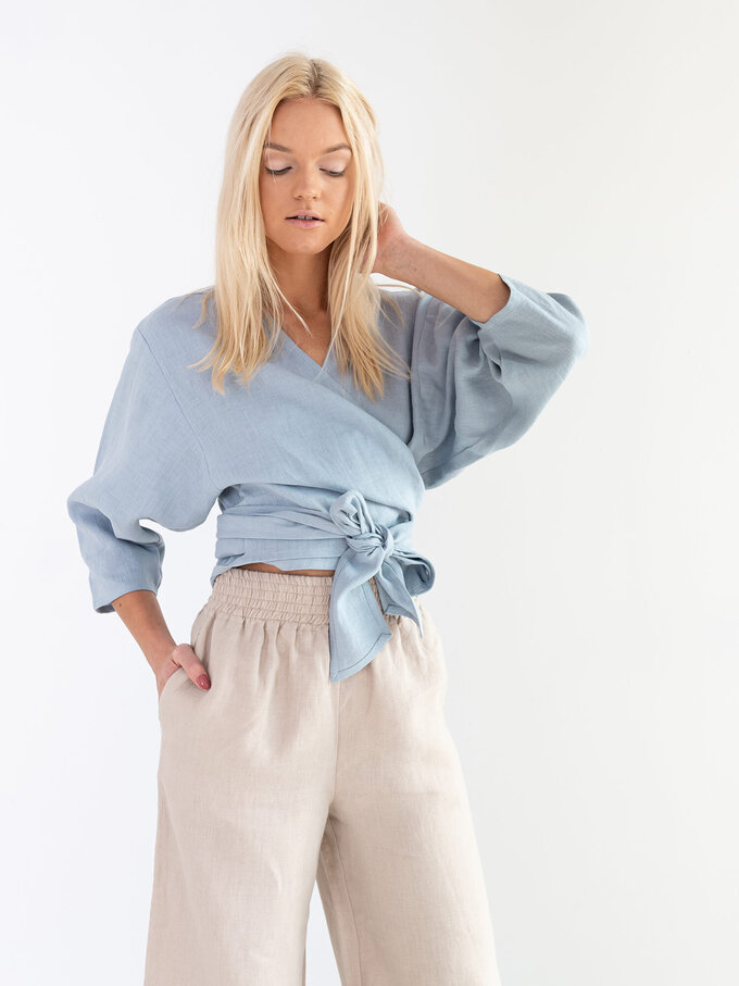 Image 1 of CLAIRE Linen Wrap Top in Bluestone from ALBERALKIRK