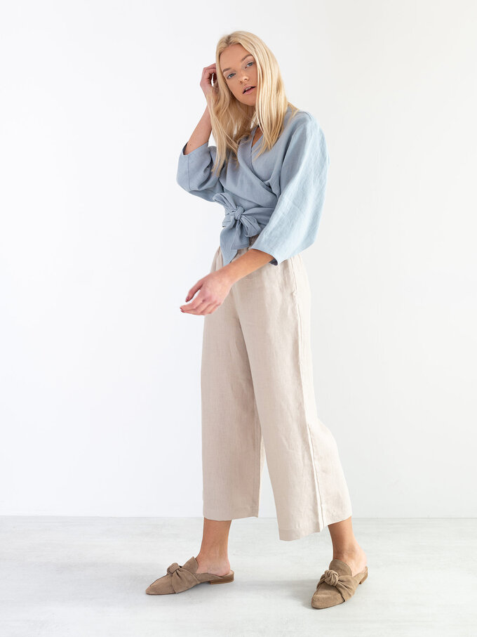 Image 3 of CLAIRE Linen Wrap Top in Bluestone from ALBERALKIRK