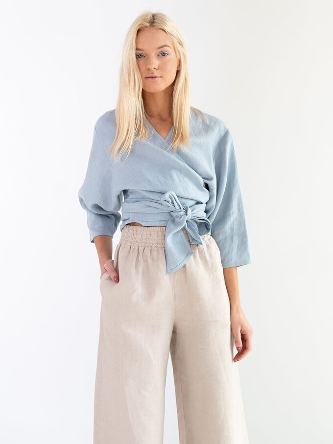 Image 4 of CLAIRE Linen Wrap Top in Bluestone from ALBERALKIRK