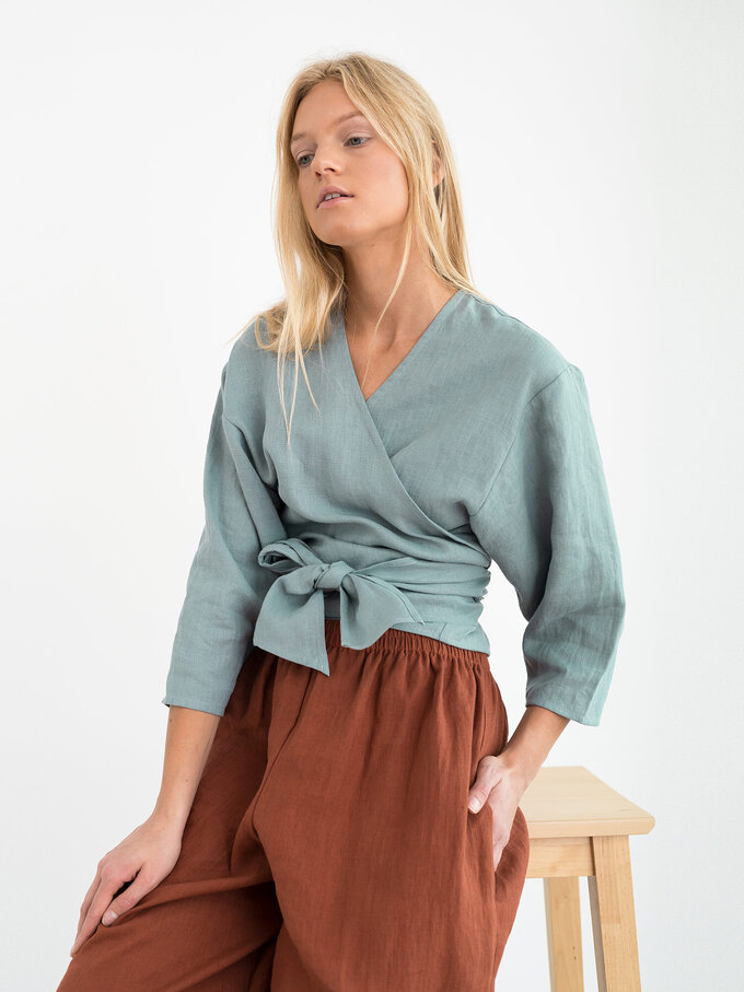 Image 3 of CLAIRE Linen Wrap Top in Dark Turquoise from ALBERALKIRK