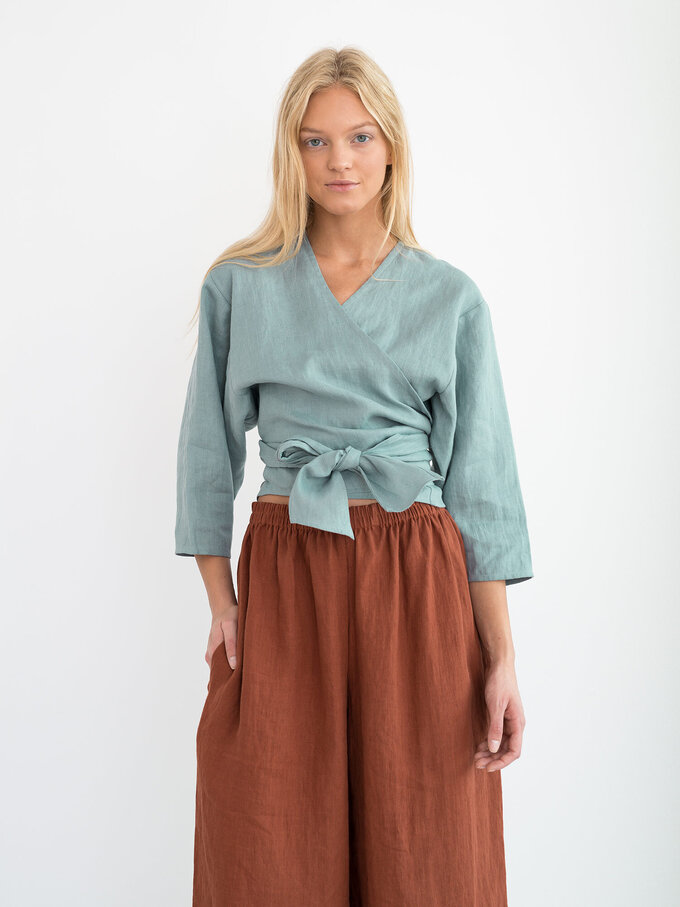 Image 4 of CLAIRE Linen Wrap Top in Dark Turquoise from ALBERALKIRK