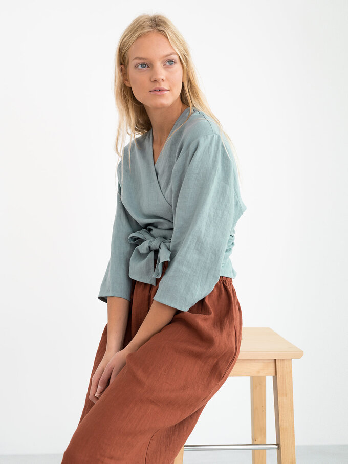Image 5 of CLAIRE Linen Wrap Top in Dark Turquoise from ALBERALKIRK