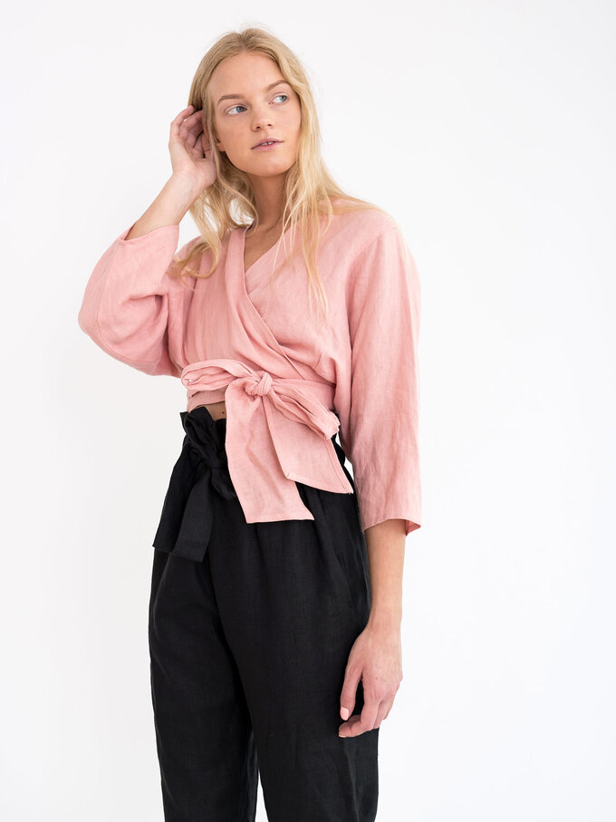 Image 3 of CLAIRE Linen Wrap Top in Pink Spanish from ALBERALKIRK