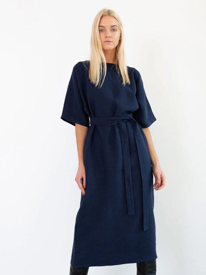 Image 2 of CLEMENTINE Linen Midi Dress in Navy Blue from ALBERALKIRK