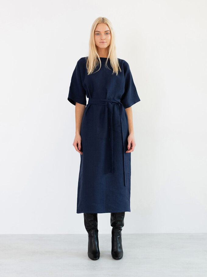 Image 3 of CLEMENTINE Linen Midi Dress in Navy Blue from ALBERALKIRK
