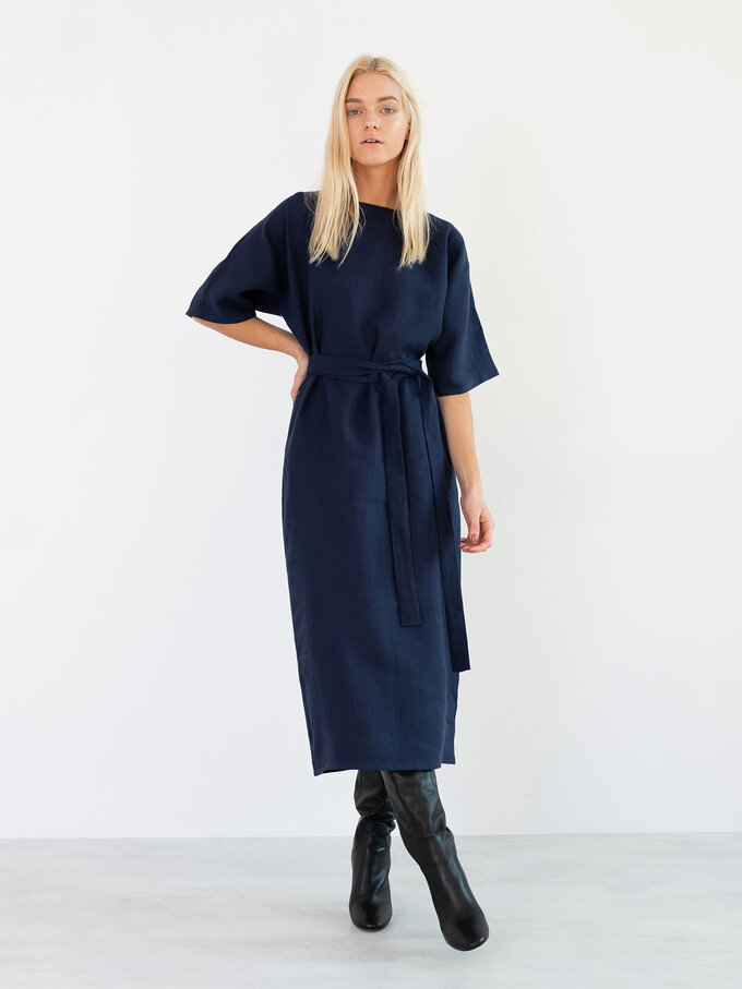 Image 4 of CLEMENTINE Linen Midi Dress in Navy Blue from ALBERALKIRK