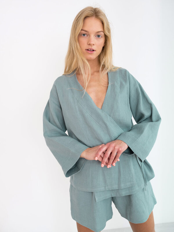 Image 1 of DELILAH Linen Kimono Jacket in Dark Turquoise from ALBERALKIRK