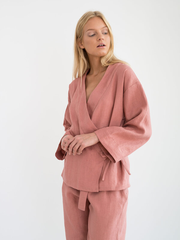Image 1 of DELILAH Linen Kimono Jacket in Salmon Pink from ALBERALKIRK