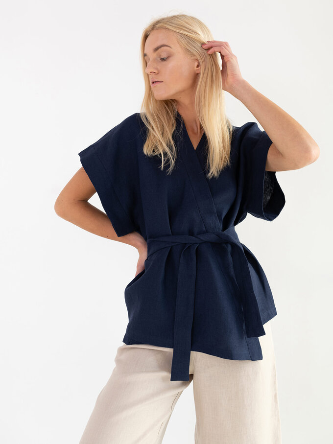 Image 3 of ELI Linen Kimono Top in Navy Blue from ALBERALKIRK