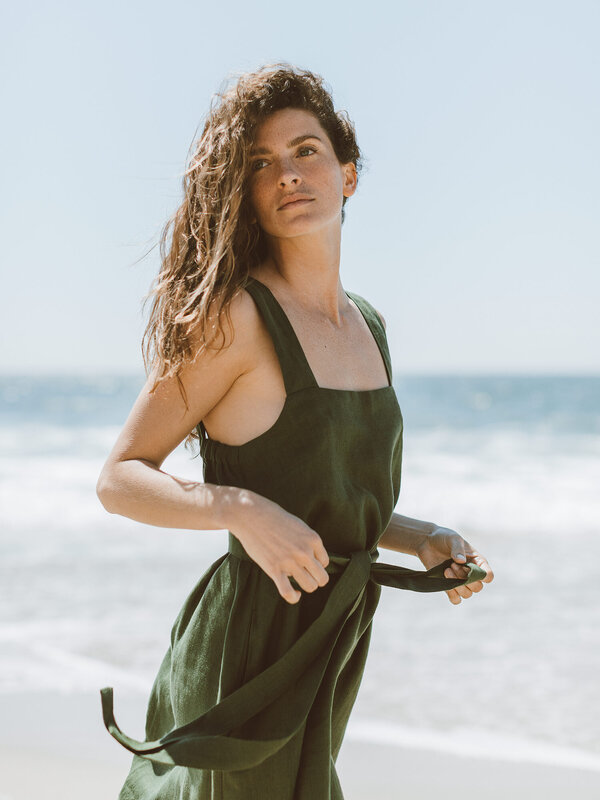 Image 1 of ELLIDY Wide Strap Linen Dress in Forest Green from Love and Confuse