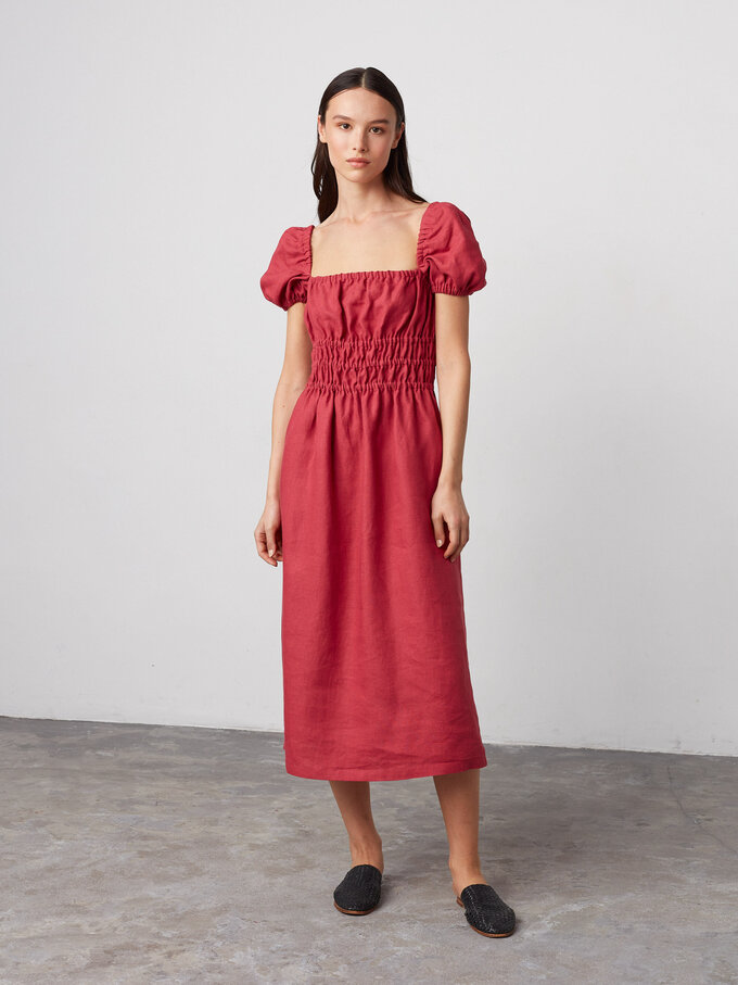 Image 2 of HOLIDAY Puff Sleeve Linen Midi Dress in Raspberry from ALBERALKIRK