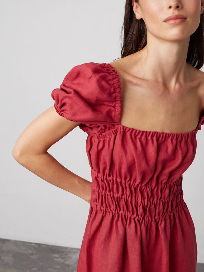 Image 3 of HOLIDAY Puff Sleeve Linen Midi Dress in Raspberry from ALBERALKIRK