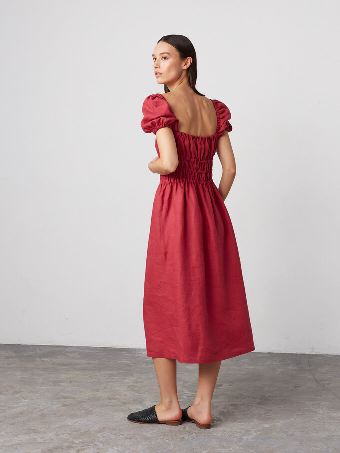 Image 4 of HOLIDAY Puff Sleeve Linen Midi Dress in Raspberry from ALBERALKIRK