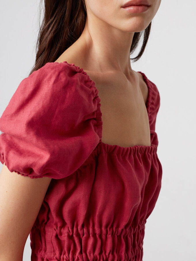 Image 5 of HOLIDAY Puff Sleeve Linen Midi Dress in Raspberry from ALBERALKIRK