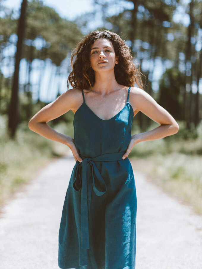 Image 2 of KAIA Linen Strappy Dress in Emerald Blue from ALBERALKIRK