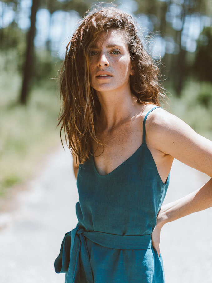 Image 3 of KAIA Linen Strappy Dress in Emerald Blue from ALBERALKIRK