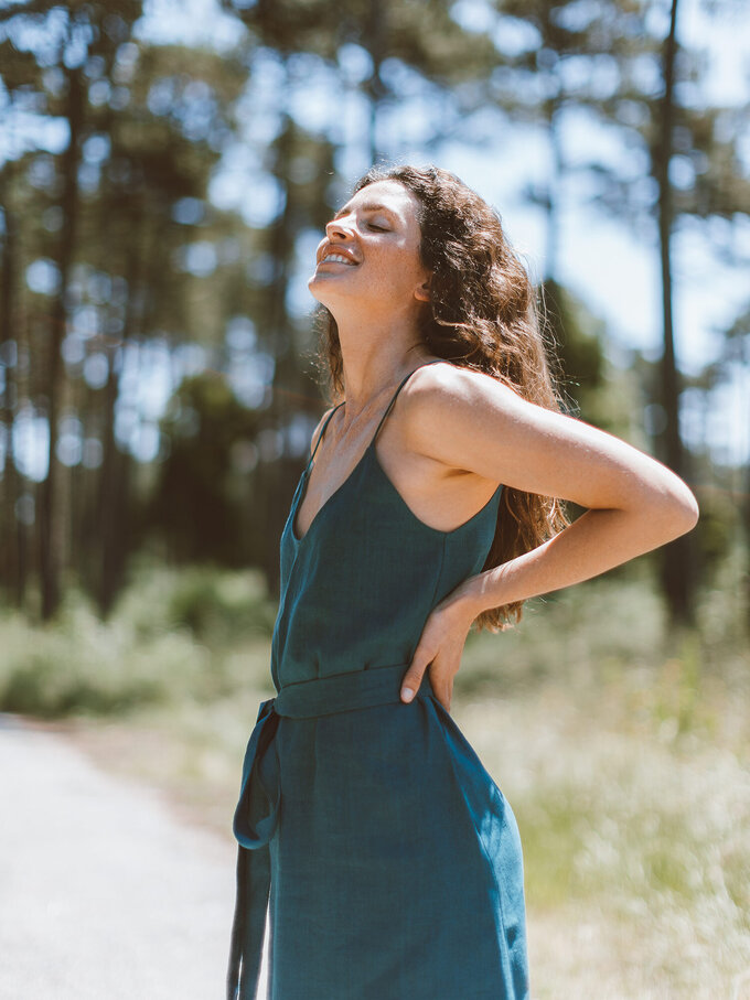 Image 4 of KAIA Linen Strappy Dress in Emerald Blue from ALBERALKIRK