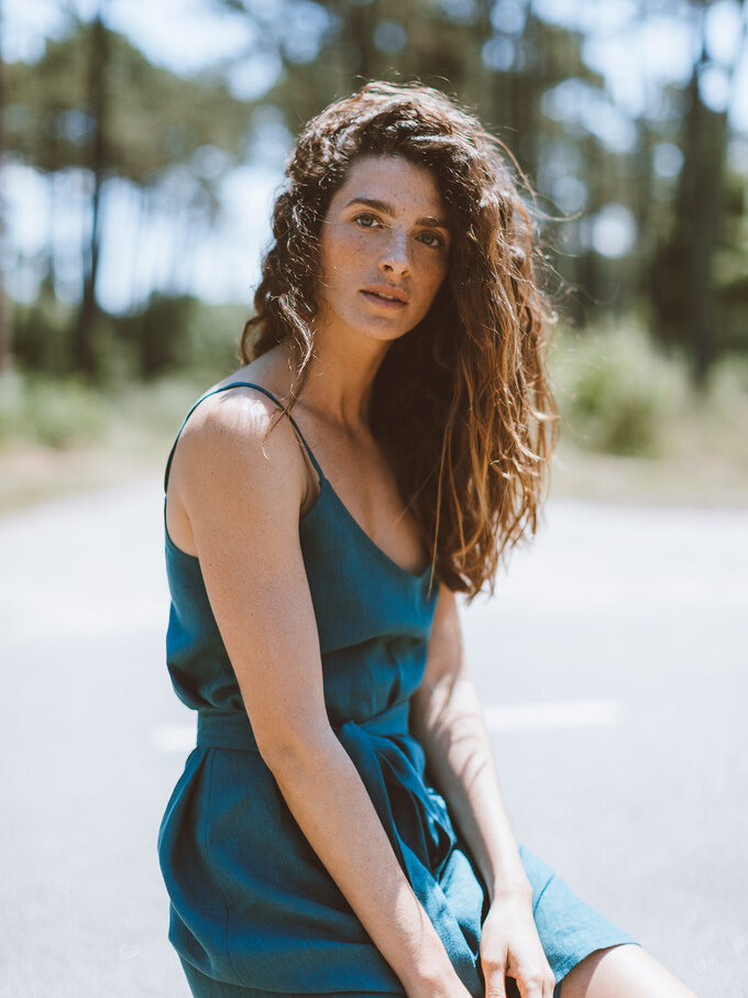 Image 5 of KAIA Linen Strappy Dress in Emerald Blue from ALBERALKIRK