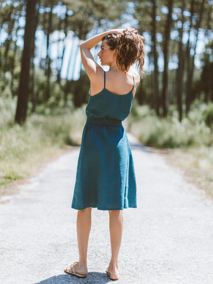 Image 6 of KAIA Linen Strappy Dress in Emerald Blue from ALBERALKIRK