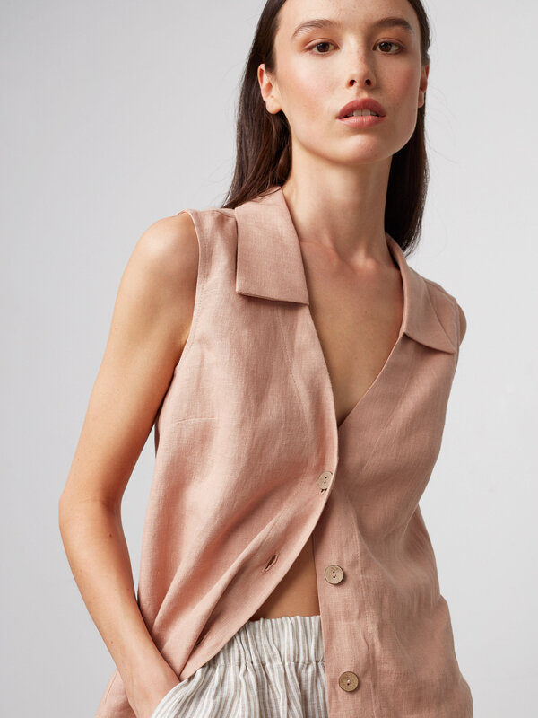 Image 1 of LUCY Collared Linen Vest in Camel from Love and Confuse