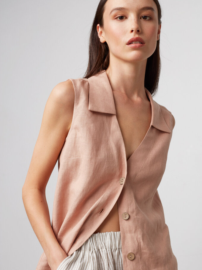 Image 1 of LUCY Collared Linen Vest in Camel from ALBERALKIRK