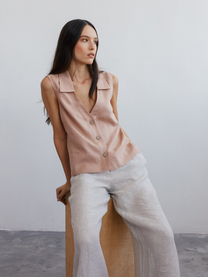 Image 4 of LUCY Collared Linen Vest in Camel from ALBERALKIRK