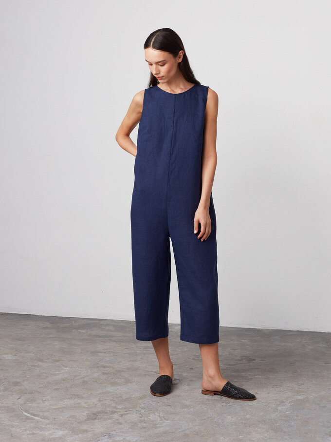Image 2 of MARIGOLD Sleeveless Linen Jumpsuit in Navy Blue from ALBERALKIRK