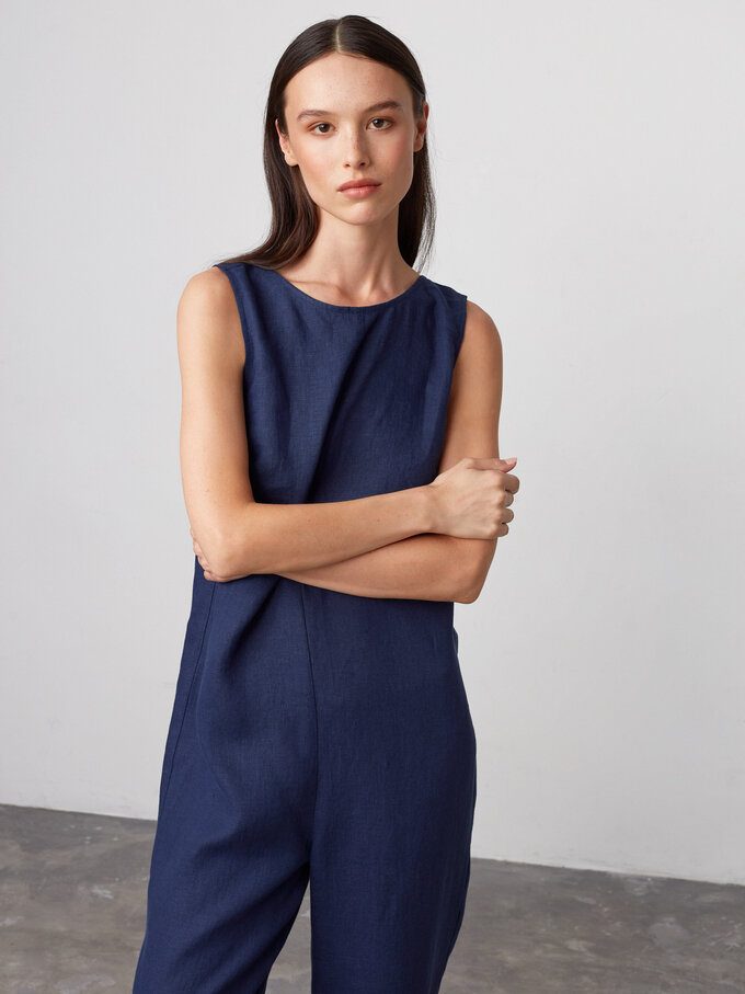 Image 3 of MARIGOLD Sleeveless Linen Jumpsuit in Navy Blue from ALBERALKIRK