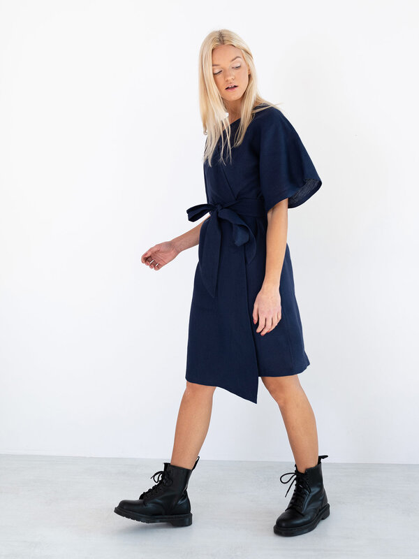 Image 1 of MARY Linen Wrap Dress in Navy Blue from Love and Confuse