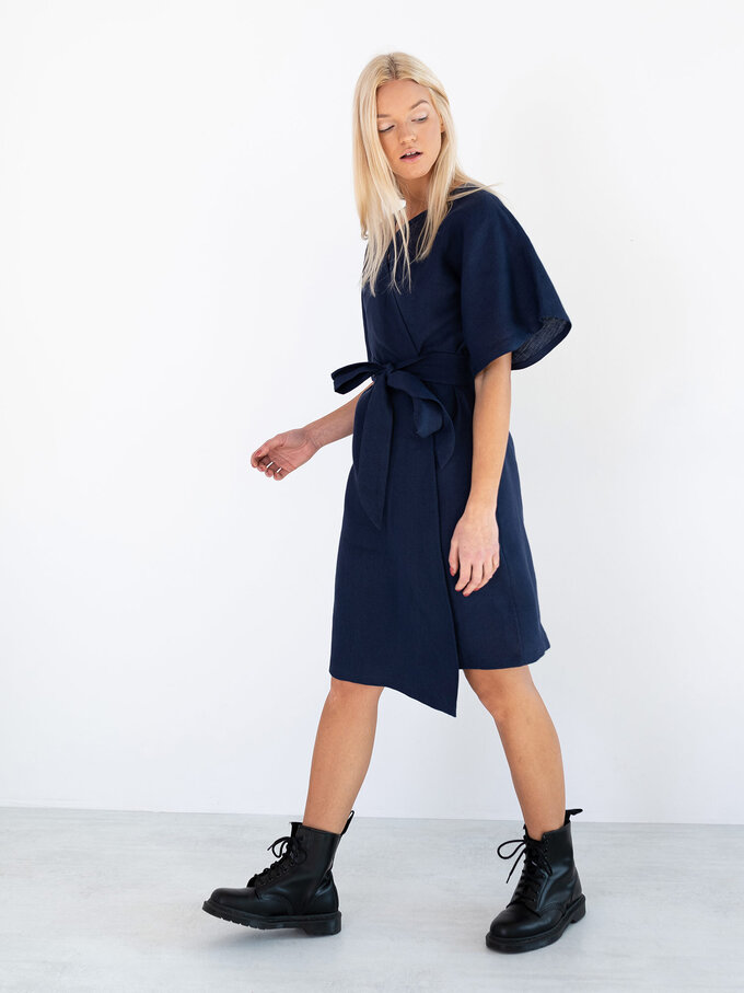 Image 1 of MARY Linen Wrap Dress in Navy Blue from ALBERALKIRK