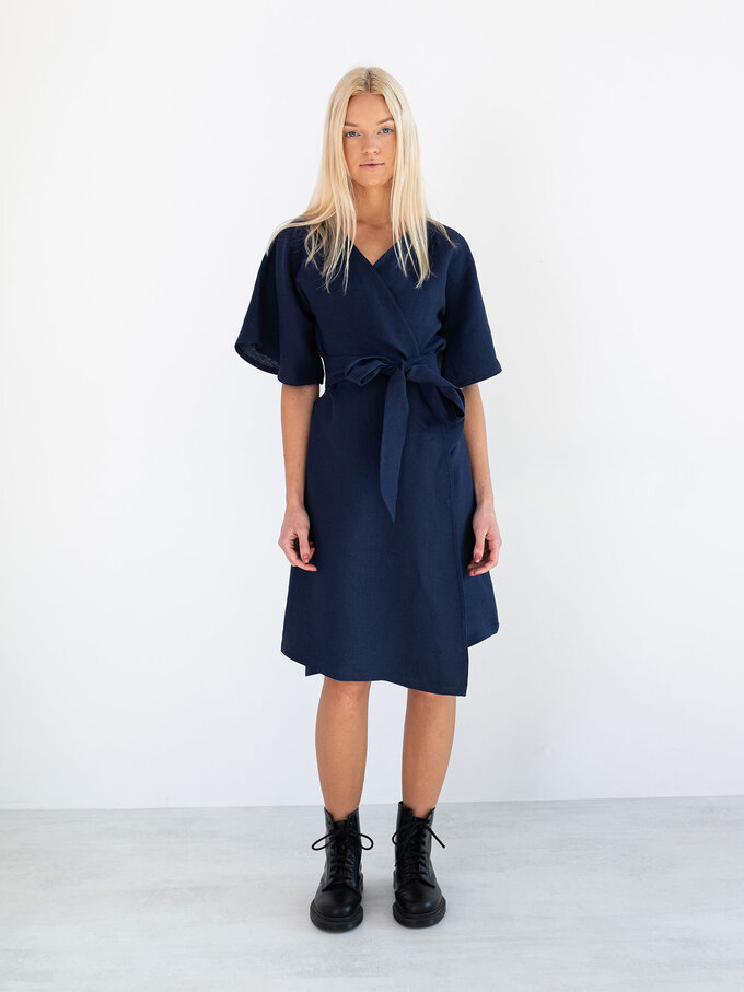 Image 2 of MARY Linen Wrap Dress in Navy Blue from ALBERALKIRK