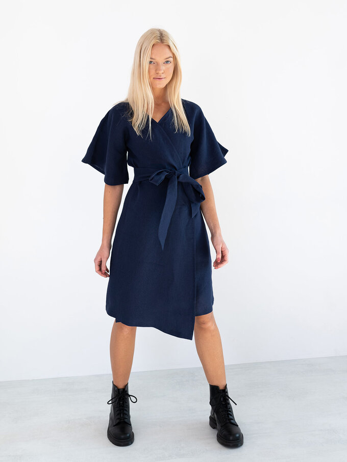 Image 4 of MARY Linen Wrap Dress in Navy Blue from ALBERALKIRK