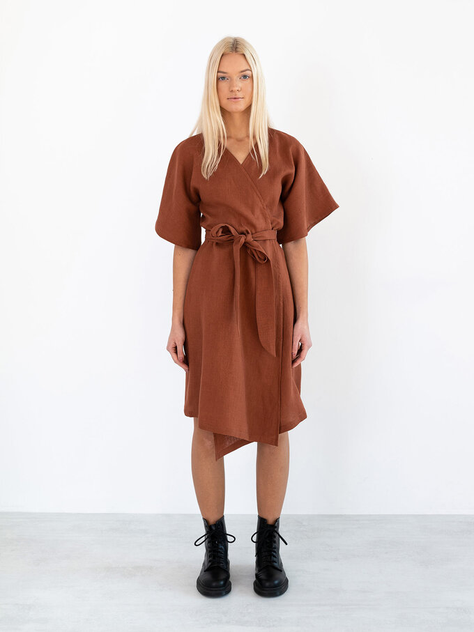 Image 2 of MARY Linen Wrap Dress in Rust from ALBERALKIRK