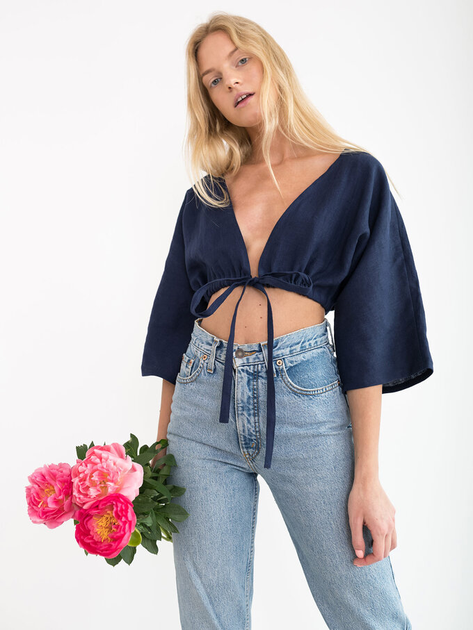 Image 1 of MELISSA Linen Tie Front Crop Top in Navy Blue from ALBERALKIRK