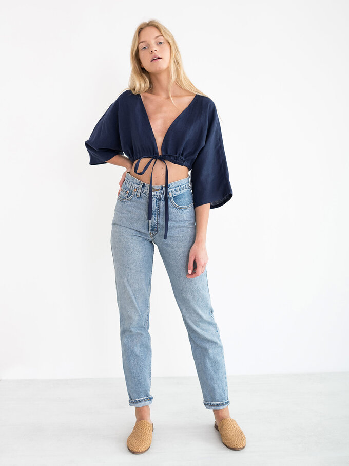 Image 3 of MELISSA Linen Tie Front Crop Top in Navy Blue from ALBERALKIRK