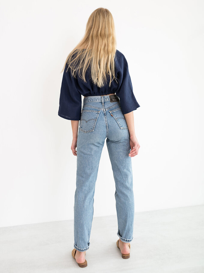 Image 5 of MELISSA Linen Tie Front Crop Top in Navy Blue from ALBERALKIRK