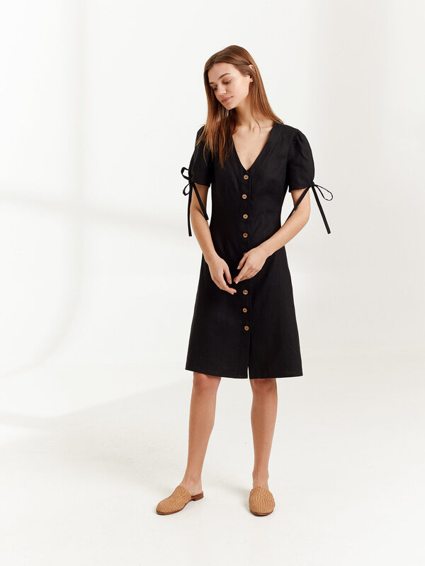 Image 1 of MONICA Linen Button Down Dress in Black from Love and Confuse