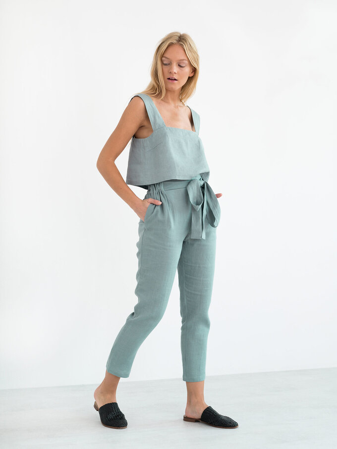 Image 1 of NOAH Paper Bag Linen Pants in Dark Turquoise from ALBERALKIRK