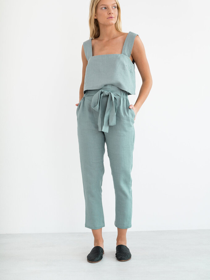 Image 2 of NOAH Paper Bag Linen Pants in Dark Turquoise from ALBERALKIRK