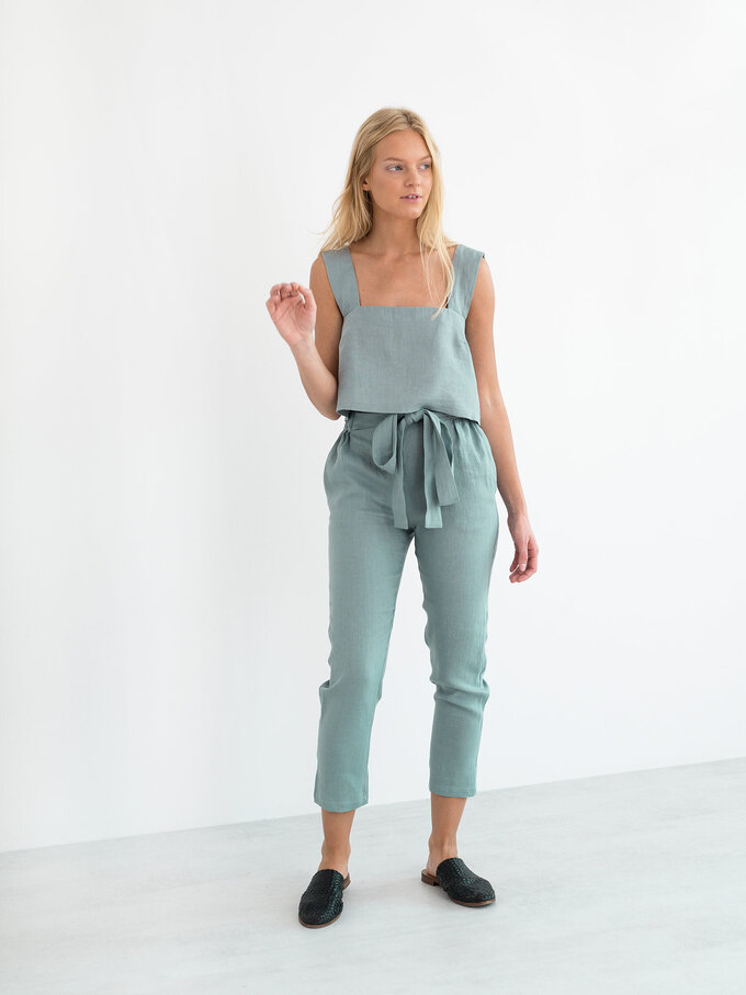 Image 3 of NOAH Paper Bag Linen Pants in Dark Turquoise from ALBERALKIRK