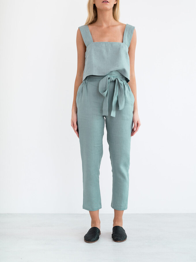 Image 4 of NOAH Paper Bag Linen Pants in Dark Turquoise from ALBERALKIRK